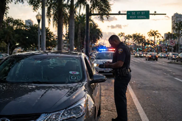 rideshare car on a florida street at dusk