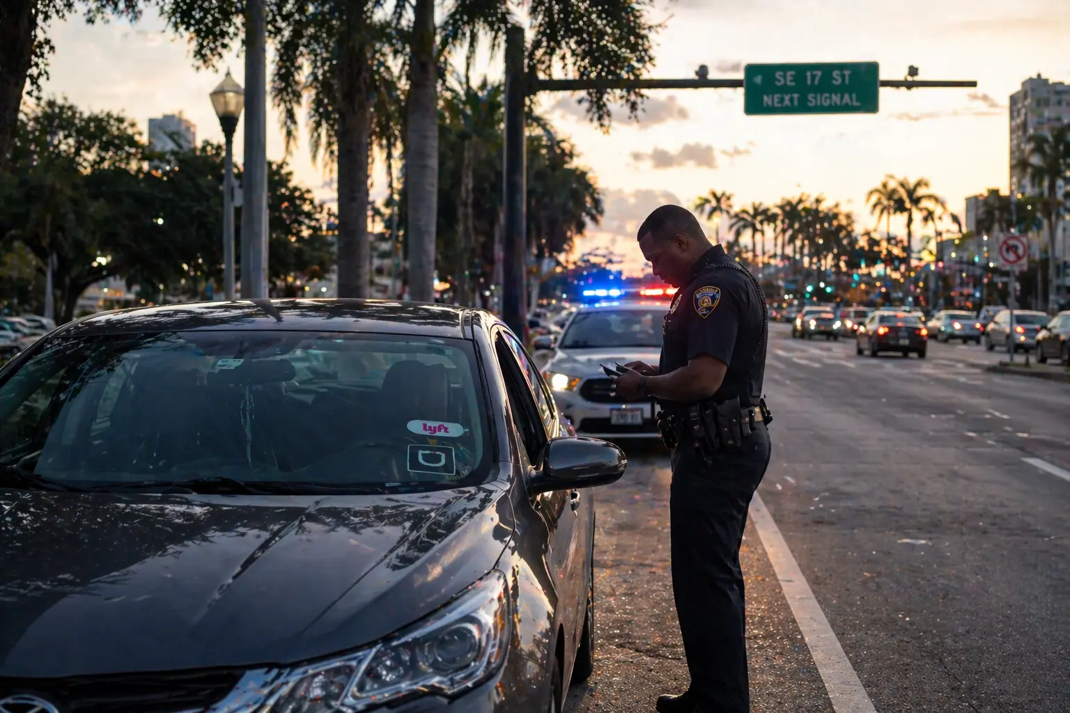 rideshare car on a florida street at dusk