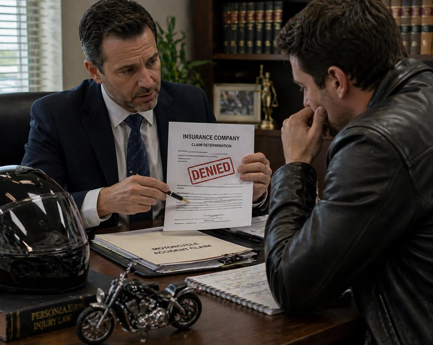 largo motorcycle rider reviewing denied insurance claim with attorney