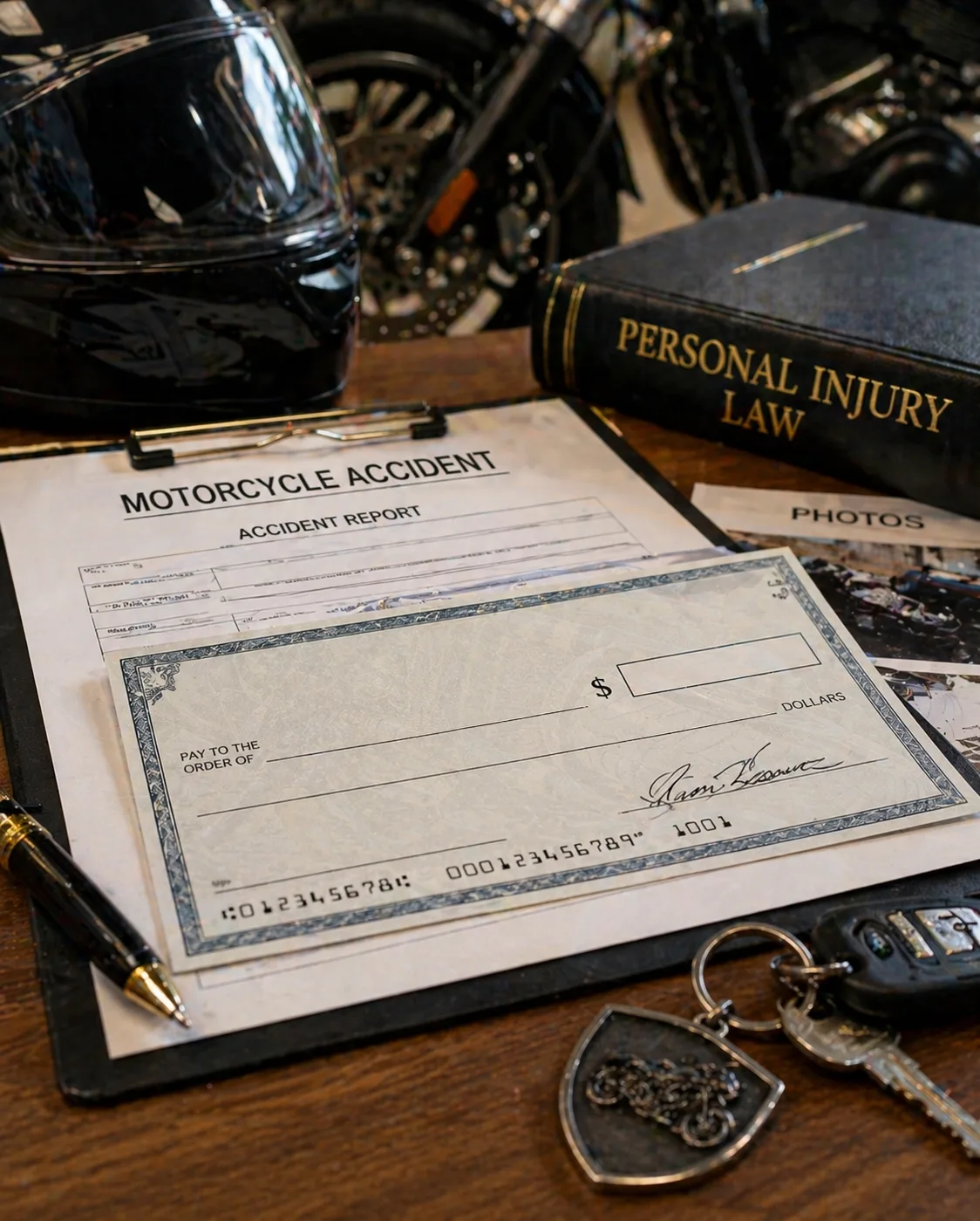 motorcycle compensation check and accident paperwork on desk