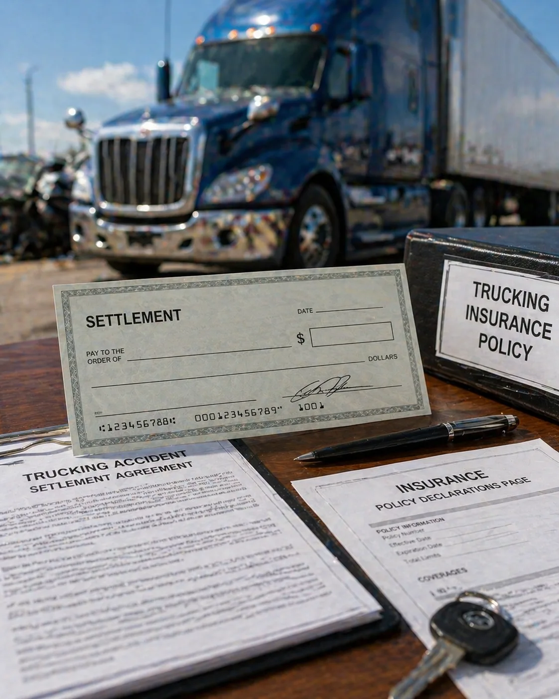 trucking accident settlement check with policy documents and semi in background
