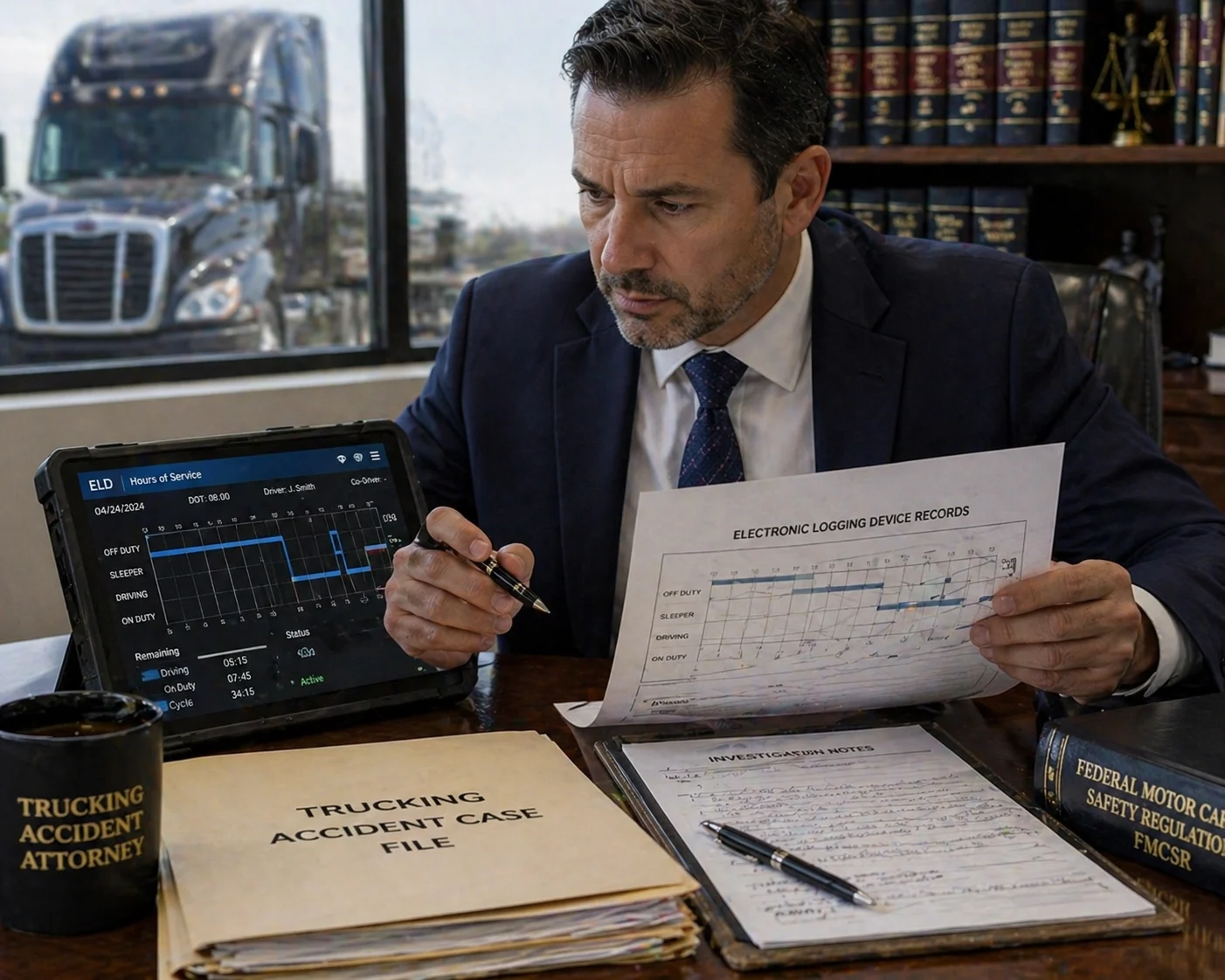 trucking attorney reviewing electronic logging device records at desk